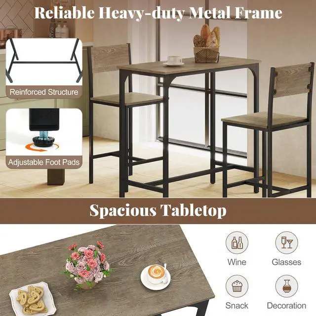 Alt view image 4 of 6 - 3-Piece Bar Table and Chair Set with 2 Counter Height Bar Stools, Breakfast Nook Table Set for Small Space, Dinette, Pub, Kitchen, Apartment, Restaurant, Dining Table Set for 2 (Grey)