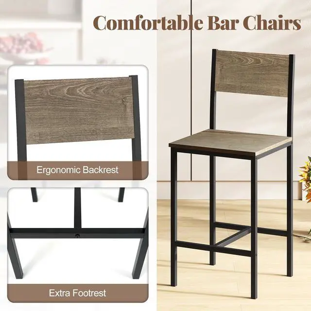 Alt view image 5 of 6 - 3-Piece Bar Table and Chair Set with 2 Counter Height Bar Stools, Breakfast Nook Table Set for Small Space, Dinette, Pub, Kitchen, Apartment, Restaurant, Dining Table Set for 2 (Grey)