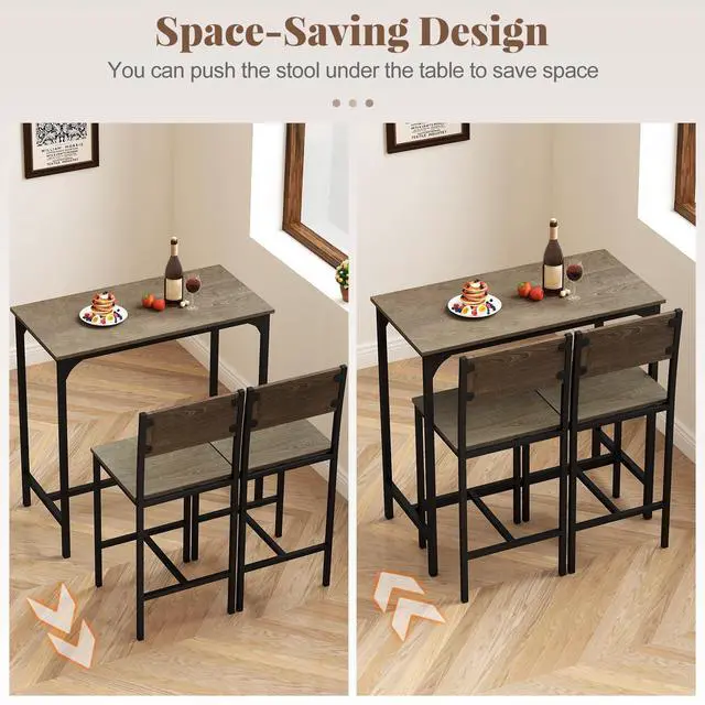Alt view image 6 of 6 - 3-Piece Bar Table and Chair Set with 2 Counter Height Bar Stools, Breakfast Nook Table Set for Small Space, Dinette, Pub, Kitchen, Apartment, Restaurant, Dining Table Set for 2 (Grey)