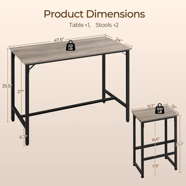 Alt view image 2 of 6 - 3 Piece Dining Table Set, 47.5" Industrial Pub Table Set, Counter Height Kitchen Table with Bar Stools Set of 2, for Small Space, Apartment