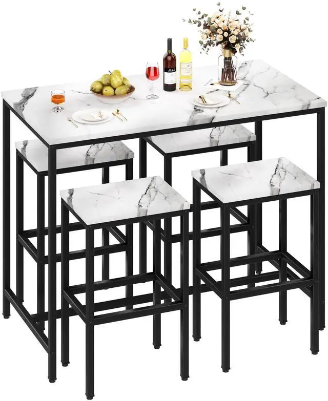 Main image of 5 Piece Bar Table Set, White Kitchen Bar Table and Chairs Set of 4, Modern Metal Counter Height Table with Stools for Dining Room, Living Room Breakfast Table Faux Marble Wood Top