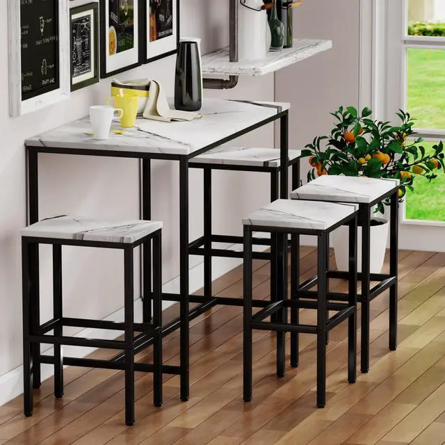 Alt view image 2 of 6 - 5 Piece Bar Table Set, White Kitchen Bar Table and Chairs Set of 4, Modern Metal Counter Height Table with Stools for Dining Room, Living Room Breakfast Table Faux Marble Wood Top