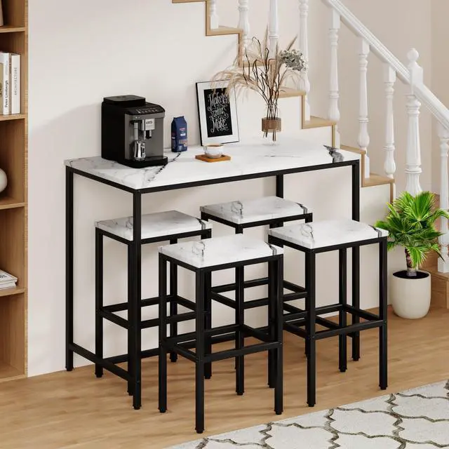 Alt view image 3 of 6 - 5 Piece Bar Table Set, White Kitchen Bar Table and Chairs Set of 4, Modern Metal Counter Height Table with Stools for Dining Room, Living Room Breakfast Table Faux Marble Wood Top