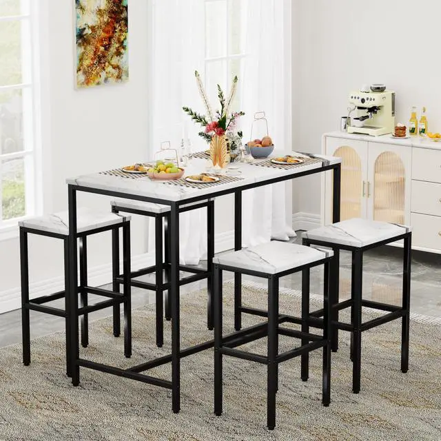 Alt view image 4 of 6 - 5 Piece Bar Table Set, White Kitchen Bar Table and Chairs Set of 4, Modern Metal Counter Height Table with Stools for Dining Room, Living Room Breakfast Table Faux Marble Wood Top