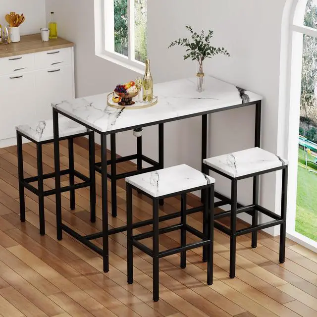 Alt view image 5 of 6 - 5 Piece Bar Table Set, White Kitchen Bar Table and Chairs Set of 4, Modern Metal Counter Height Table with Stools for Dining Room, Living Room Breakfast Table Faux Marble Wood Top