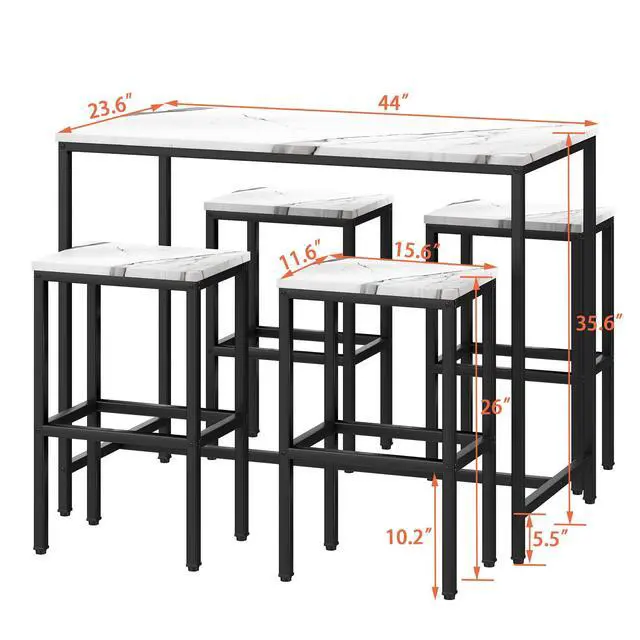 Alt view image 6 of 6 - 5 Piece Bar Table Set, White Kitchen Bar Table and Chairs Set of 4, Modern Metal Counter Height Table with Stools for Dining Room, Living Room Breakfast Table Faux Marble Wood Top