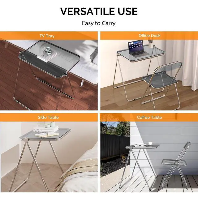 Alt view image 6 of 6 - Folding Acrylic Table and Chair Set Small TV Tray for Snack Dinner on Couch, Tiny Foldable Desk Writing Desk for Home Office for Small Spaces (Grey)