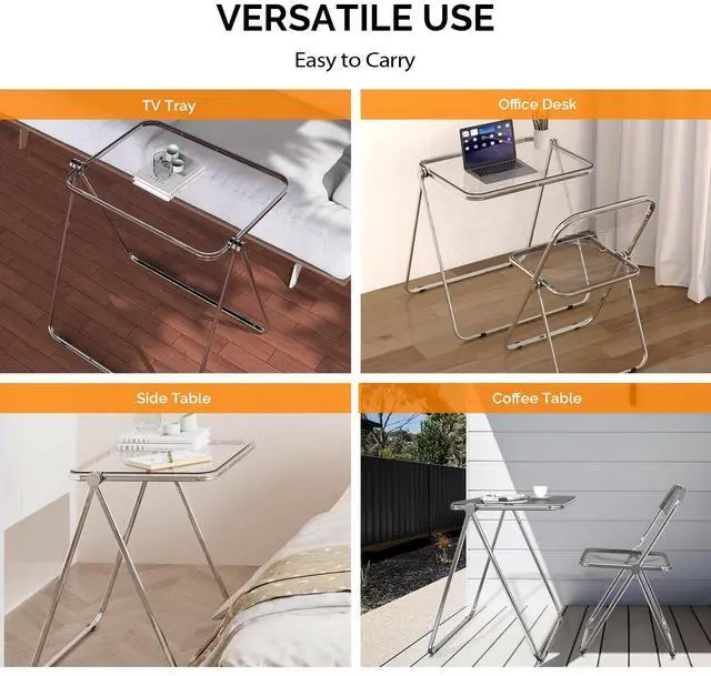 Alt view image 6 of 6 - Folding Acrylic Table and Chair Set Small TV Tray for Snack Dinner on Couch, Tiny Foldable Desk Writing Desk for Home Office for Small Spaces