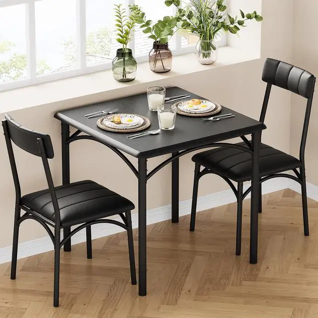 Alt view image 2 of 6 - 3-Piece Dining Table Set for 2, Kitchen Table Set with 2 Upholstered Chairs, Square Dining Table Set for Apartment, Studio, Small Space, Black