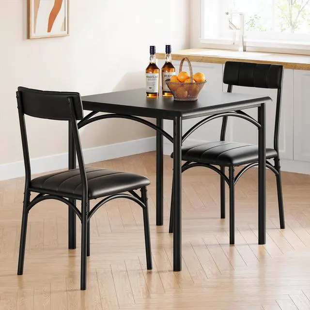 Alt view image 5 of 6 - 3-Piece Dining Table Set for 2, Kitchen Table Set with 2 Upholstered Chairs, Square Dining Table Set for Apartment, Studio, Small Space, Black