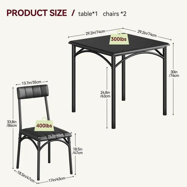 Alt view image 6 of 6 - 3-Piece Dining Table Set for 2, Kitchen Table Set with 2 Upholstered Chairs, Square Dining Table Set for Apartment, Studio, Small Space, Black