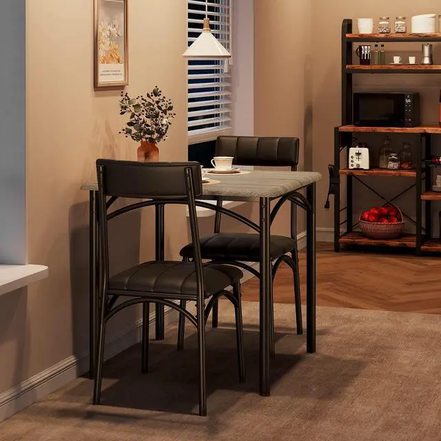 Main image of 3-Piece Dining Table Set for 2, Kitchen Table Set with 2 Upholstered Chairs, Square Dining Table Set for Apartment, Studio, Small Space, Gray