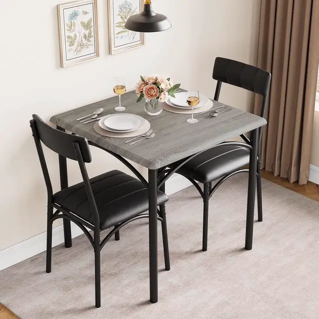 Alt view image 2 of 6 - 3-Piece Dining Table Set for 2, Kitchen Table Set with 2 Upholstered Chairs, Square Dining Table Set for Apartment, Studio, Small Space, Gray