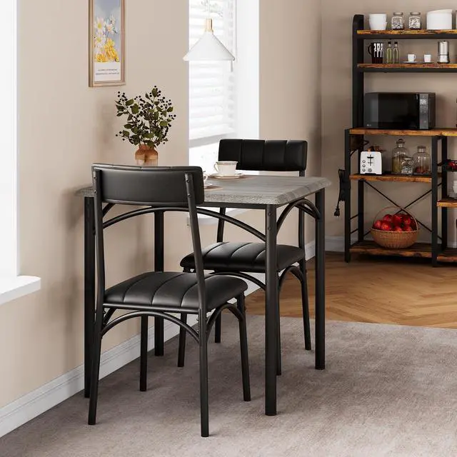 Alt view image 3 of 6 - 3-Piece Dining Table Set for 2, Kitchen Table Set with 2 Upholstered Chairs, Square Dining Table Set for Apartment, Studio, Small Space, Gray