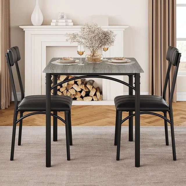 Alt view image 5 of 6 - 3-Piece Dining Table Set for 2, Kitchen Table Set with 2 Upholstered Chairs, Square Dining Table Set for Apartment, Studio, Small Space, Gray