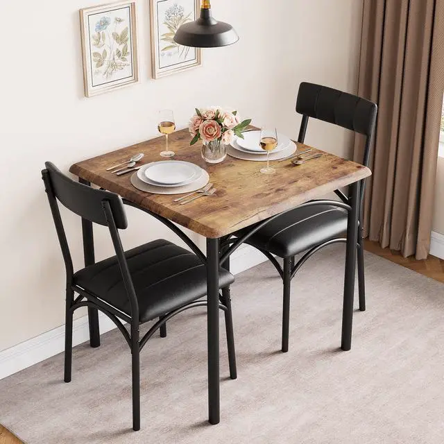 Alt view image 2 of 6 - 3-Piece Dining Table Set for 2, Kitchen Table Set with 2 Upholstered Chairs, Square Dining Table Set for Apartment, Studio, Small Space, Brown