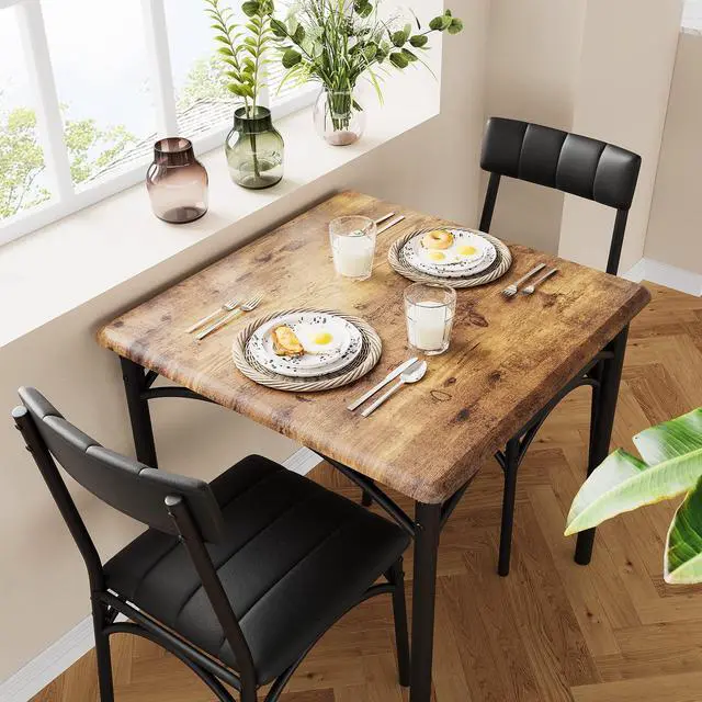 Alt view image 4 of 6 - 3-Piece Dining Table Set for 2, Kitchen Table Set with 2 Upholstered Chairs, Square Dining Table Set for Apartment, Studio, Small Space, Brown
