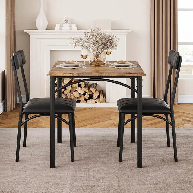 Alt view image 5 of 6 - 3-Piece Dining Table Set for 2, Kitchen Table Set with 2 Upholstered Chairs, Square Dining Table Set for Apartment, Studio, Small Space, Brown