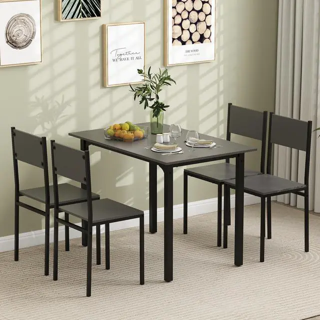 Main image of 5-Piece Dining Table Set, Industrial Kitchen Table and Chairs for 4 with Backrest and Metal Frame, Rectangular Space-Saving Dinette Set for Dining Room, Apartment, Small Space, Grey