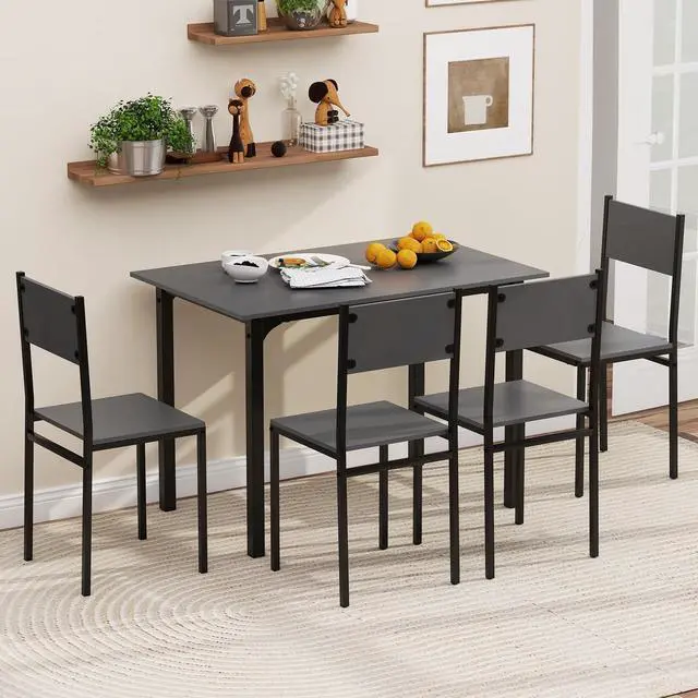 Alt view image 2 of 6 - 5-Piece Dining Table Set, Industrial Kitchen Table and Chairs for 4 with Backrest and Metal Frame, Rectangular Space-Saving Dinette Set for Dining Room, Apartment, Small Space, Grey