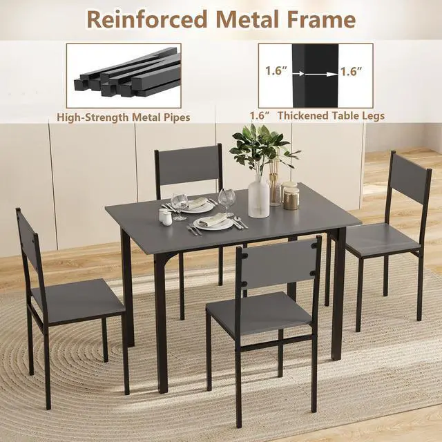 Alt view image 4 of 6 - 5-Piece Dining Table Set, Industrial Kitchen Table and Chairs for 4 with Backrest and Metal Frame, Rectangular Space-Saving Dinette Set for Dining Room, Apartment, Small Space, Grey