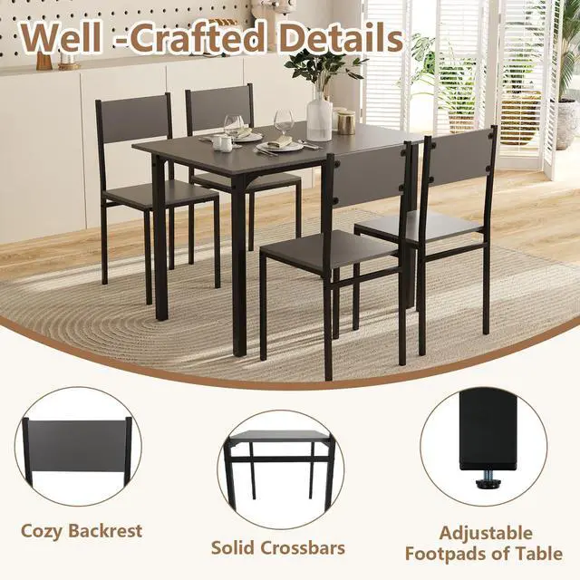 Alt view image 5 of 6 - 5-Piece Dining Table Set, Industrial Kitchen Table and Chairs for 4 with Backrest and Metal Frame, Rectangular Space-Saving Dinette Set for Dining Room, Apartment, Small Space, Grey