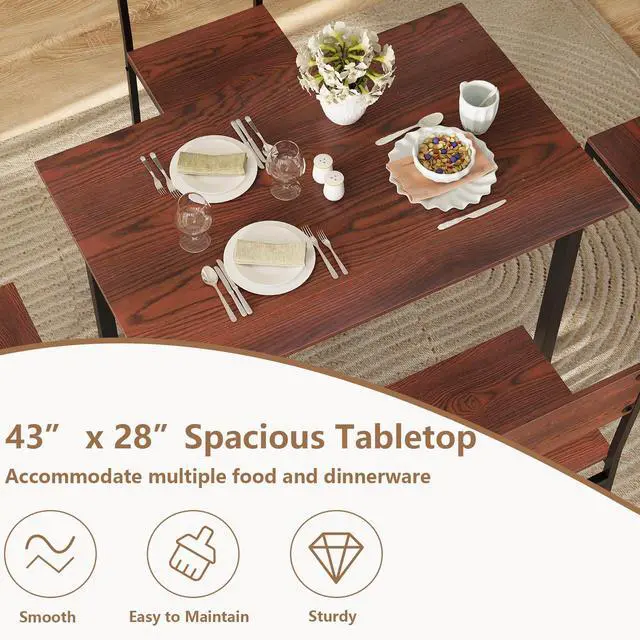 Alt view image 2 of 6 - 5-Piece Dining Table Set, Industrial Kitchen Table and Chairs for 4 with Backrest and Metal Frame, Rectangular Space-Saving Dinette Set for Dining Room, Apartment, Small Space, Walnut
