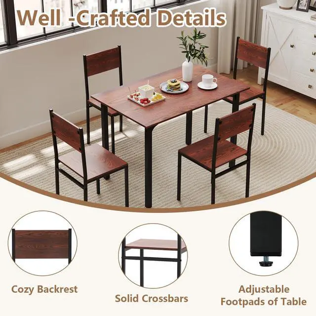 Alt view image 4 of 6 - 5-Piece Dining Table Set, Industrial Kitchen Table and Chairs for 4 with Backrest and Metal Frame, Rectangular Space-Saving Dinette Set for Dining Room, Apartment, Small Space, Walnut