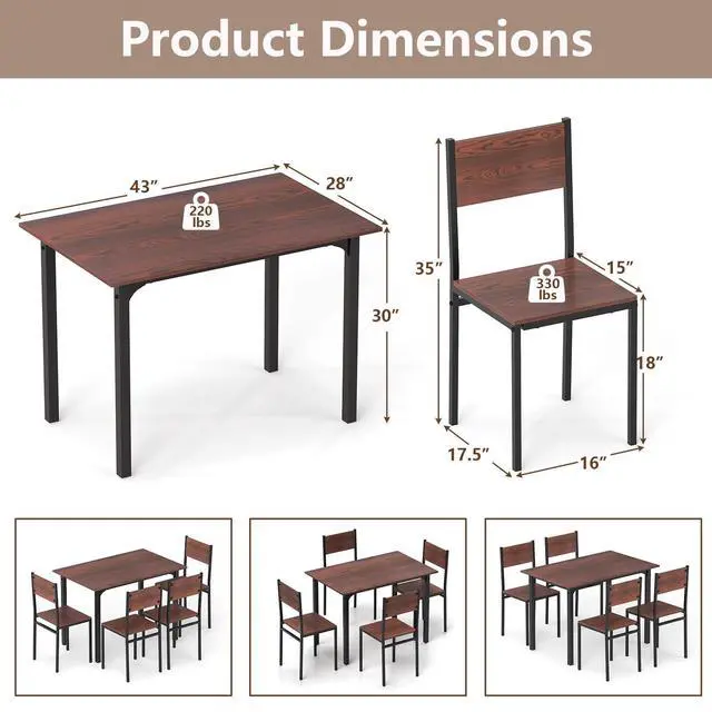 Alt view image 5 of 6 - 5-Piece Dining Table Set, Industrial Kitchen Table and Chairs for 4 with Backrest and Metal Frame, Rectangular Space-Saving Dinette Set for Dining Room, Apartment, Small Space, Walnut