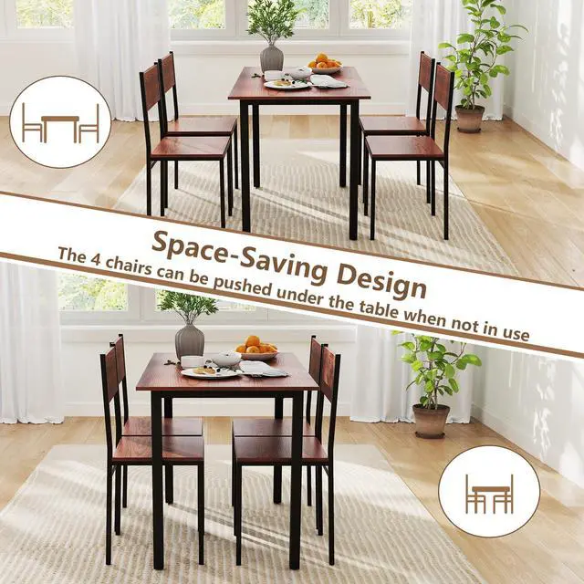 Alt view image 6 of 6 - 5-Piece Dining Table Set, Industrial Kitchen Table and Chairs for 4 with Backrest and Metal Frame, Rectangular Space-Saving Dinette Set for Dining Room, Apartment, Small Space, Walnut
