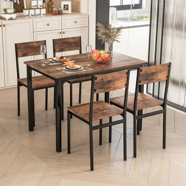 Main image of 5-Piece Dining Table Set, Industrial Kitchen Table and Chairs for 4 with Backrest and Metal Frame, Rectangular Space-Saving Dinette Set for Dining Room, Apartment, Small Space, Rustic Brown