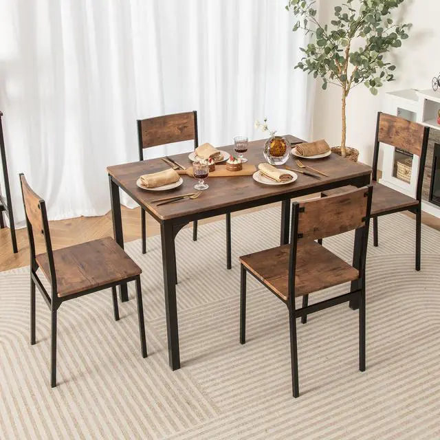 Alt view image 2 of 6 - 5-Piece Dining Table Set, Industrial Kitchen Table and Chairs for 4 with Backrest and Metal Frame, Rectangular Space-Saving Dinette Set for Dining Room, Apartment, Small Space, Rustic Brown