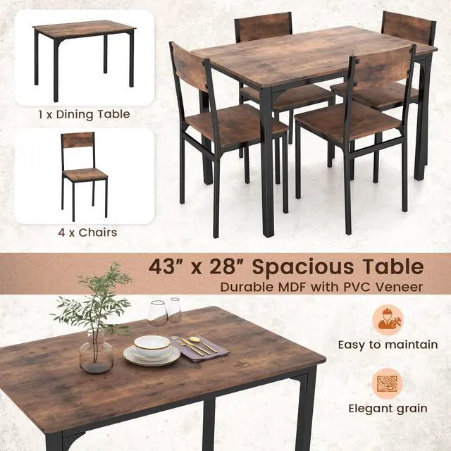 Alt view image 3 of 6 - 5-Piece Dining Table Set, Industrial Kitchen Table and Chairs for 4 with Backrest and Metal Frame, Rectangular Space-Saving Dinette Set for Dining Room, Apartment, Small Space, Rustic Brown