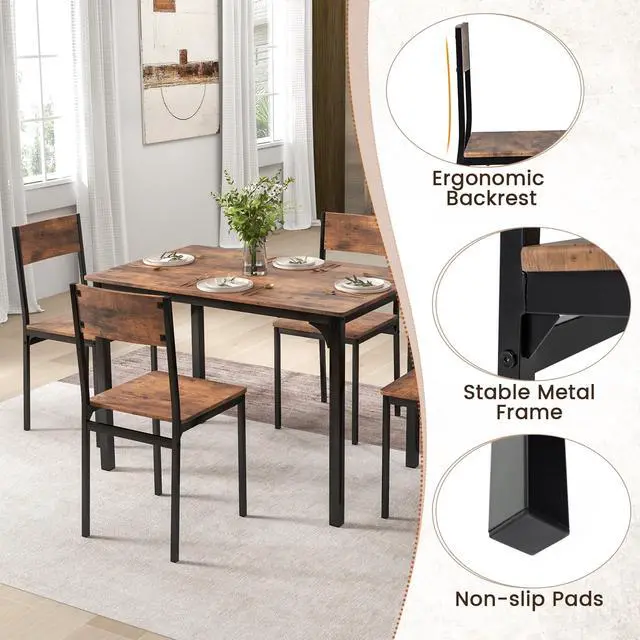 Alt view image 4 of 6 - 5-Piece Dining Table Set, Industrial Kitchen Table and Chairs for 4 with Backrest and Metal Frame, Rectangular Space-Saving Dinette Set for Dining Room, Apartment, Small Space, Rustic Brown