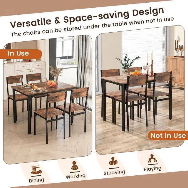 Alt view image 5 of 6 - 5-Piece Dining Table Set, Industrial Kitchen Table and Chairs for 4 with Backrest and Metal Frame, Rectangular Space-Saving Dinette Set for Dining Room, Apartment, Small Space, Rustic Brown