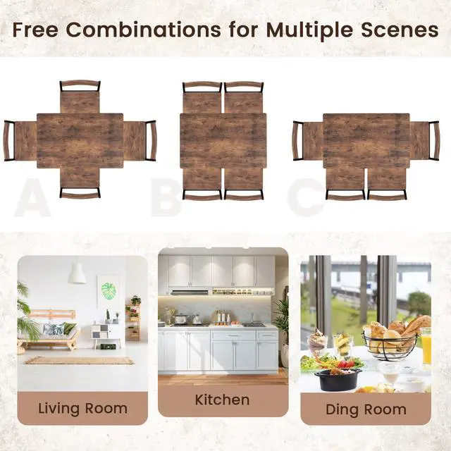 Alt view image 6 of 6 - 5-Piece Dining Table Set, Industrial Kitchen Table and Chairs for 4 with Backrest and Metal Frame, Rectangular Space-Saving Dinette Set for Dining Room, Apartment, Small Space, Rustic Brown