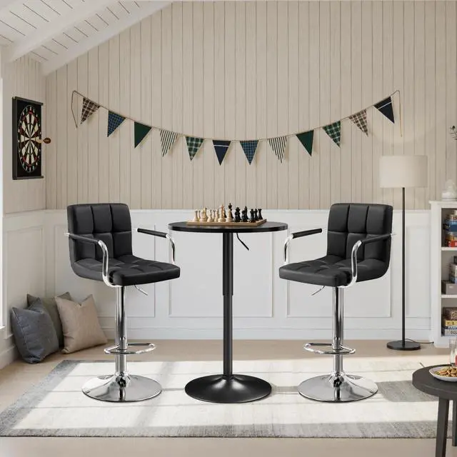 Alt view image 2 of 6 - 3-Piece Bar Table Set, Round Bar Table and PU Leather Adjustable Swivel Chairs, Modern Counter Height Table Set with 2 Bar Stools for Kitchen, Full Black