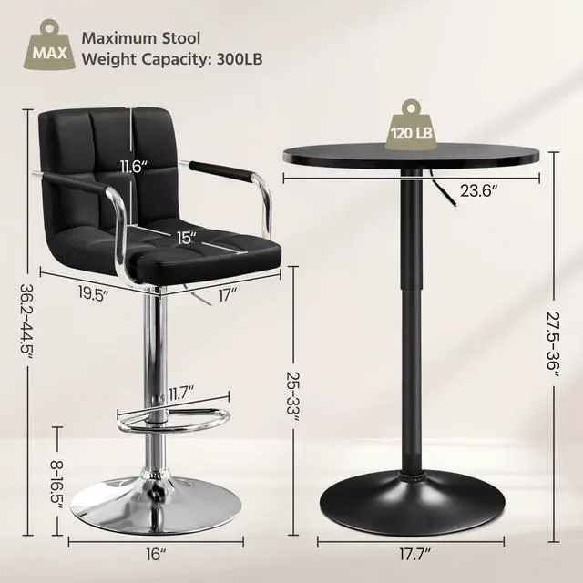 Alt view image 3 of 6 - 3-Piece Bar Table Set, Round Bar Table and PU Leather Adjustable Swivel Chairs, Modern Counter Height Table Set with 2 Bar Stools for Kitchen, Full Black
