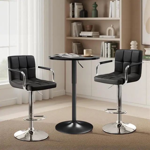 Alt view image 4 of 6 - 3-Piece Bar Table Set, Round Bar Table and PU Leather Adjustable Swivel Chairs, Modern Counter Height Table Set with 2 Bar Stools for Kitchen, Full Black