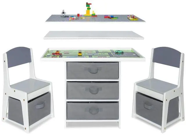 Main image of Kids 3-in-1 Play Table and Chair Set Wood with Storage Baskets, Compatible with Lego and Duplo Bricks, Activity Table Playset Furniture with Modern Gray Colors
