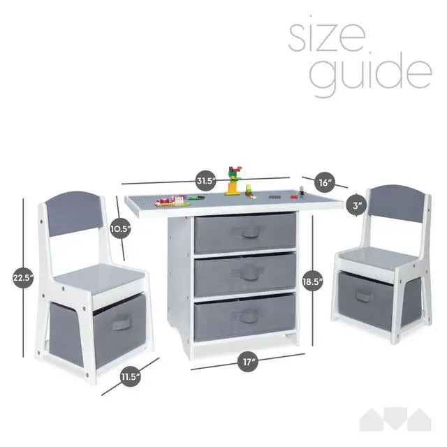Alt view image 4 of 6 - Kids 3-in-1 Play Table and Chair Set Wood with Storage Baskets, Compatible with Lego and Duplo Bricks, Activity Table Playset Furniture with Modern Gray Colors