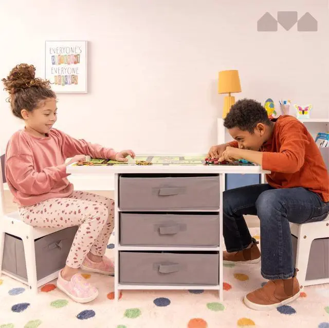 Alt view image 6 of 6 - Kids 3-in-1 Play Table and Chair Set Wood with Storage Baskets, Compatible with Lego and Duplo Bricks, Activity Table Playset Furniture with Modern Gray Colors