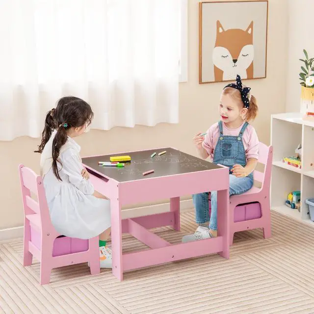 Alt view image 2 of 6 - Kids Table and Chairs, 3-in-1 Children Wooden Activity Set with Storage, Detachable Tabletop, for Art, Craft, Drawing, Reading, Gift for Toddlers Boys Girls 3-7 Years Old (Pink)