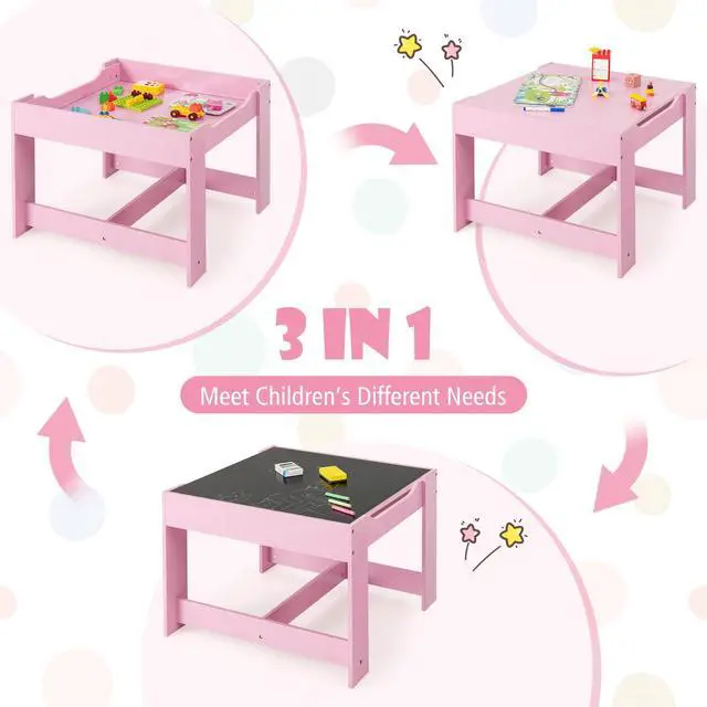 Alt view image 3 of 6 - Kids Table and Chairs, 3-in-1 Children Wooden Activity Set with Storage, Detachable Tabletop, for Art, Craft, Drawing, Reading, Gift for Toddlers Boys Girls 3-7 Years Old (Pink)