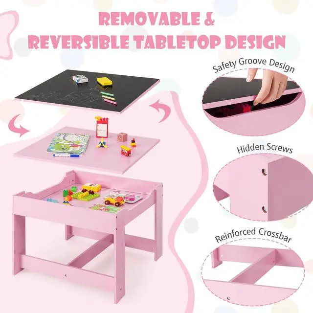 Alt view image 4 of 6 - Kids Table and Chairs, 3-in-1 Children Wooden Activity Set with Storage, Detachable Tabletop, for Art, Craft, Drawing, Reading, Gift for Toddlers Boys Girls 3-7 Years Old (Pink)