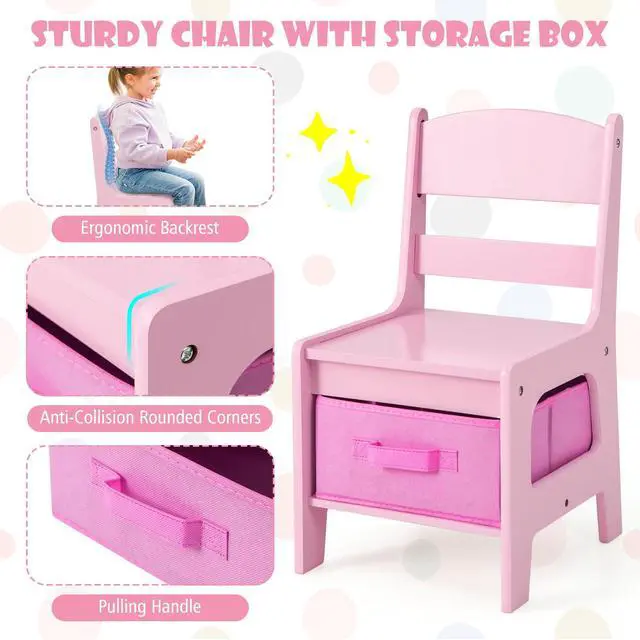 Alt view image 5 of 6 - Kids Table and Chairs, 3-in-1 Children Wooden Activity Set with Storage, Detachable Tabletop, for Art, Craft, Drawing, Reading, Gift for Toddlers Boys Girls 3-7 Years Old (Pink)