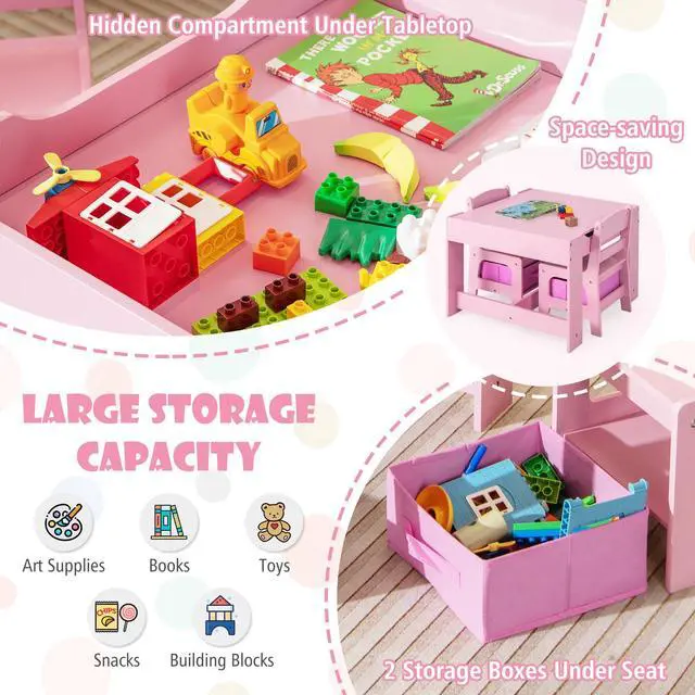Alt view image 6 of 6 - Kids Table and Chairs, 3-in-1 Children Wooden Activity Set with Storage, Detachable Tabletop, for Art, Craft, Drawing, Reading, Gift for Toddlers Boys Girls 3-7 Years Old (Pink)