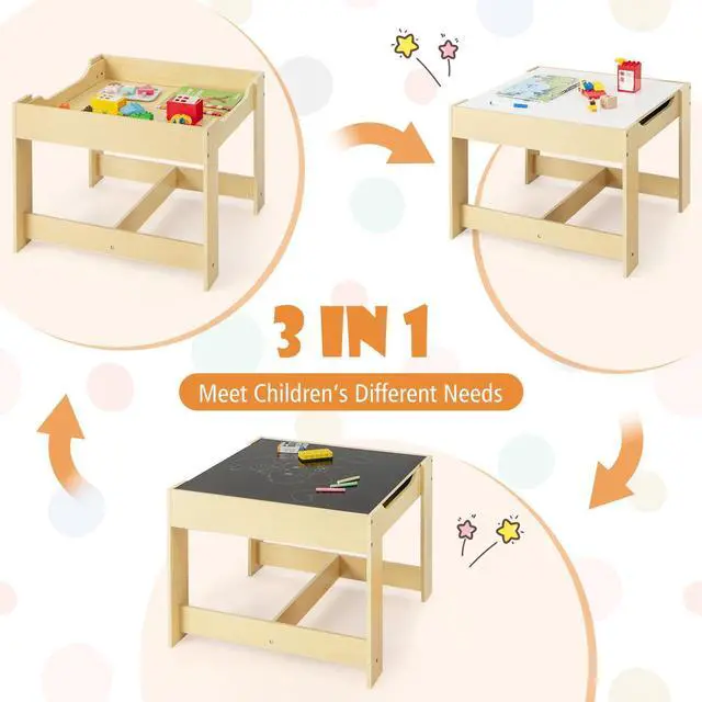 Alt view image 4 of 6 - Kids Table and Chairs, 3-in-1 Children Wooden Activity Set with Storage, Detachable Tabletop, for Art, Craft, Drawing, Reading, Gift for Toddlers Boys Girls 3-7 Years Old (Natural)