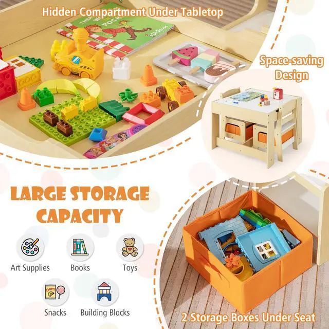 Alt view image 6 of 6 - Kids Table and Chairs, 3-in-1 Children Wooden Activity Set with Storage, Detachable Tabletop, for Art, Craft, Drawing, Reading, Gift for Toddlers Boys Girls 3-7 Years Old (Natural)