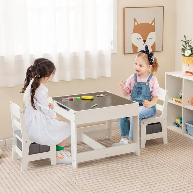 Alt view image 2 of 6 - Kids Table and Chairs, 3-in-1 Children Wooden Activity Set with Storage, Detachable Tabletop, for Art, Craft, Drawing, Reading, Gift for Toddlers Boys Girls 3-7 Years Old (Grey)